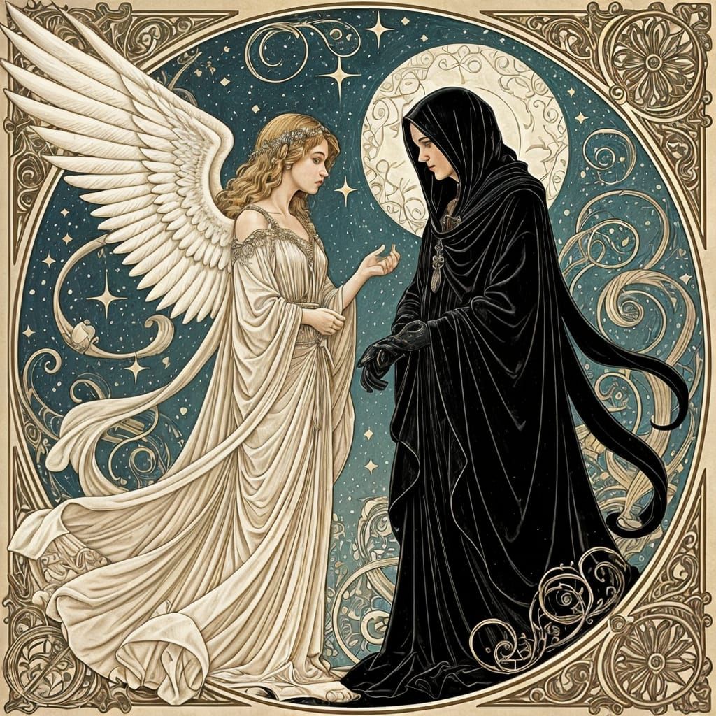 Celestial Angel and Grim Reaper in Art Nouveau Style