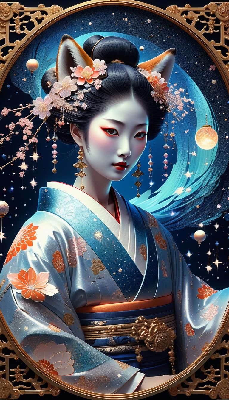 Kitsune Woman in Stardust Kimono: Art Nouveau Illustration