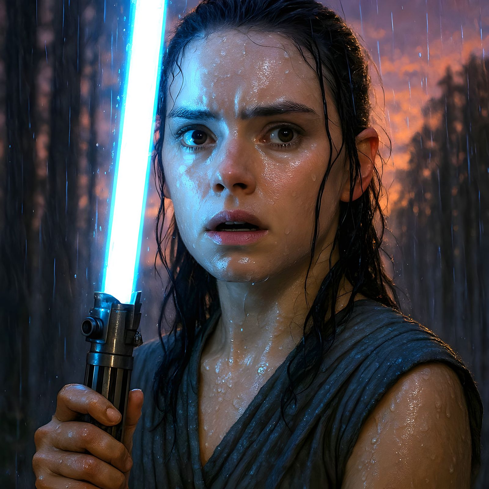 Hyper-Real Rey Skywalker with Lightsaber in Rain