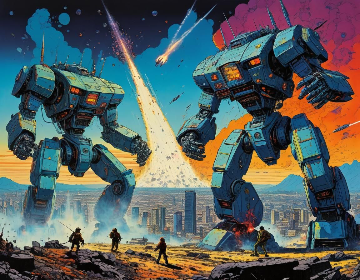 Epic Robot Battle in Retro Sci-Fi Cityscape
