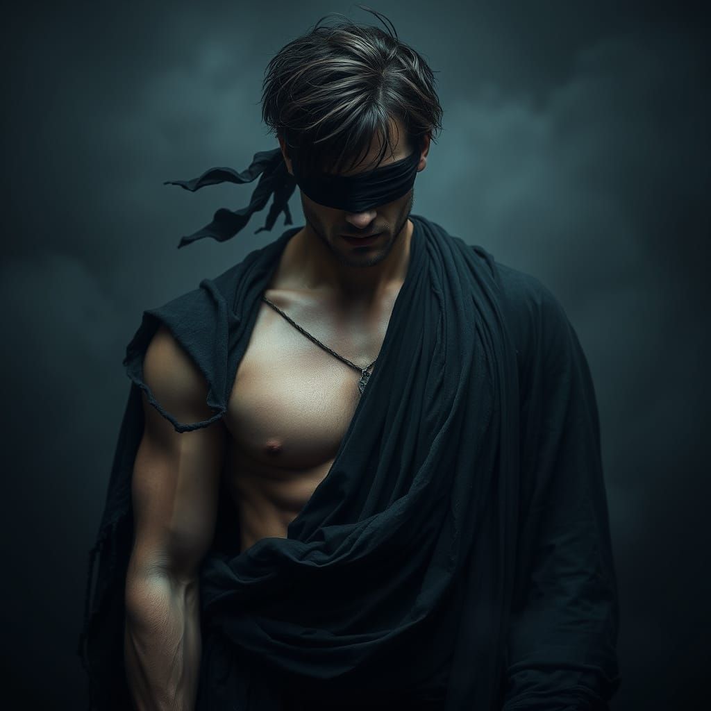 Mysterious, Dark-Haired Figure in Tattered Robes, Conveying ...