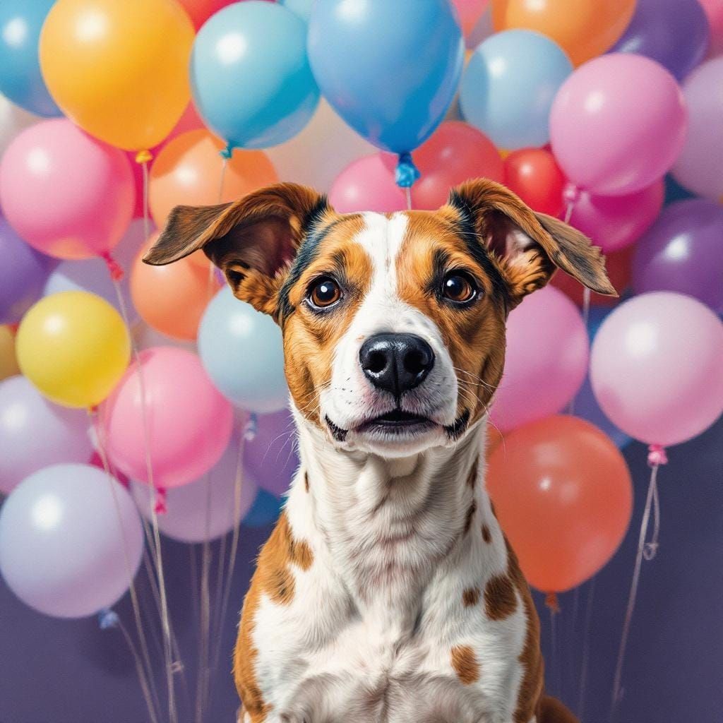 A jack russell terrier with 1000 balloons