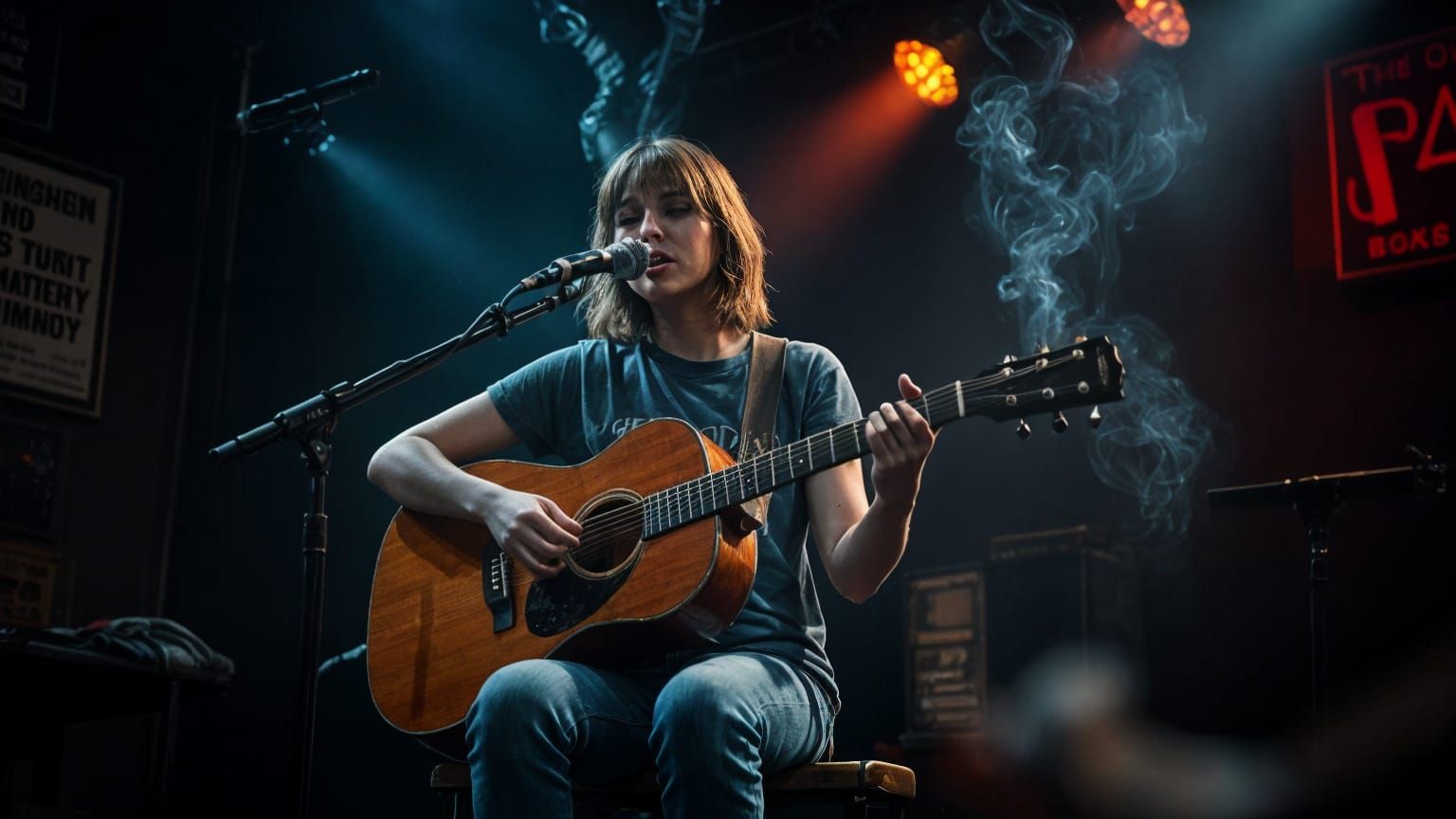 Singer Songwriter Plays Guitar in Smoky Club