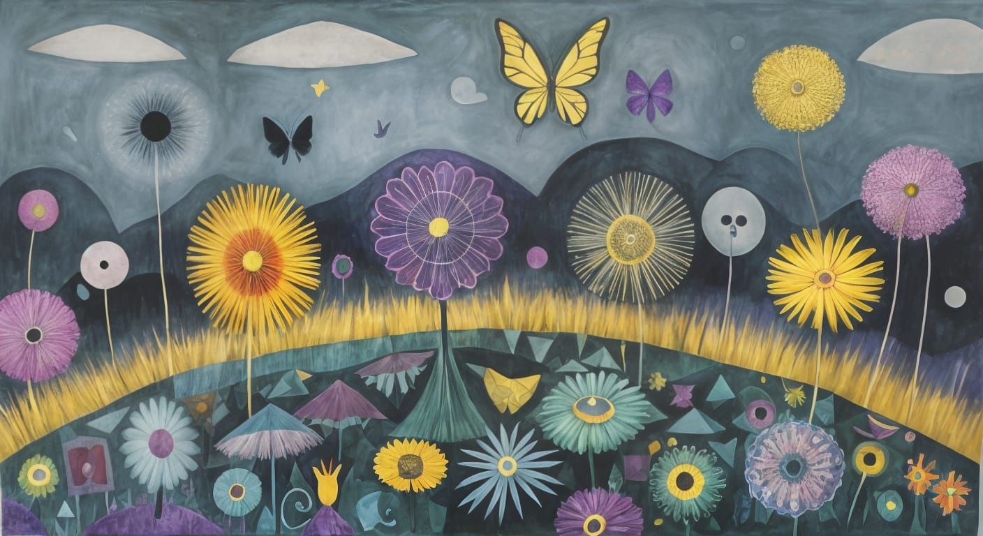 Winged Fairies in Dandelion Dreamscape, Abstract Art