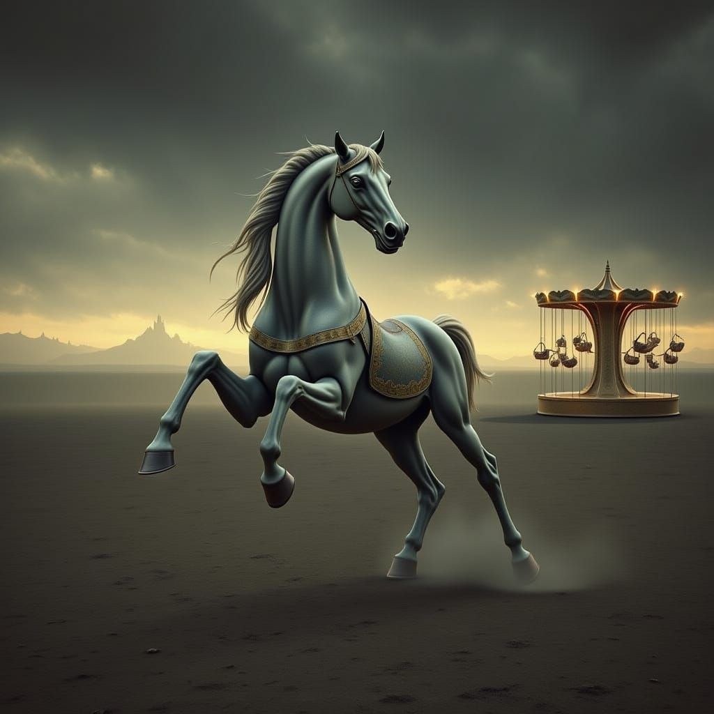 Haunting Carousel Horse in Film Noir Style