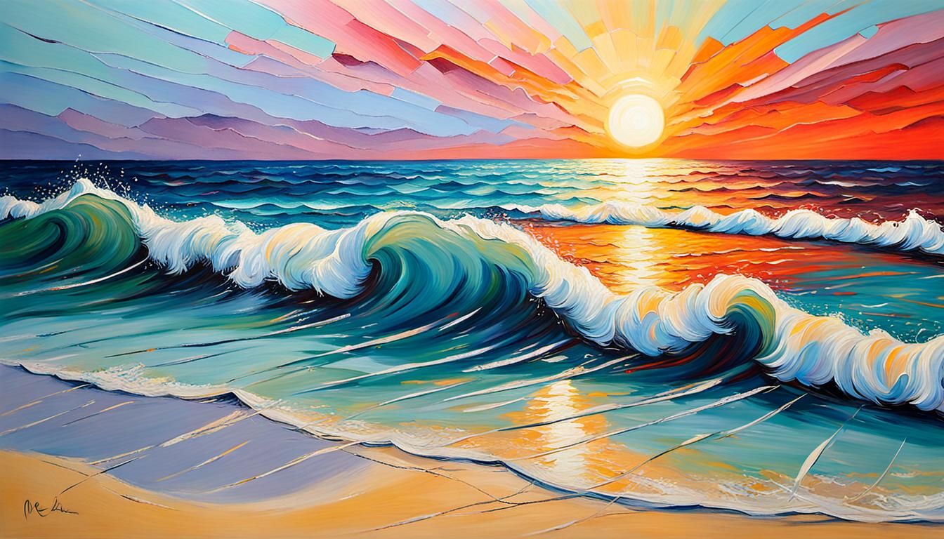 Beach at Sunrise: Neo-Impressionist Oil Painting
