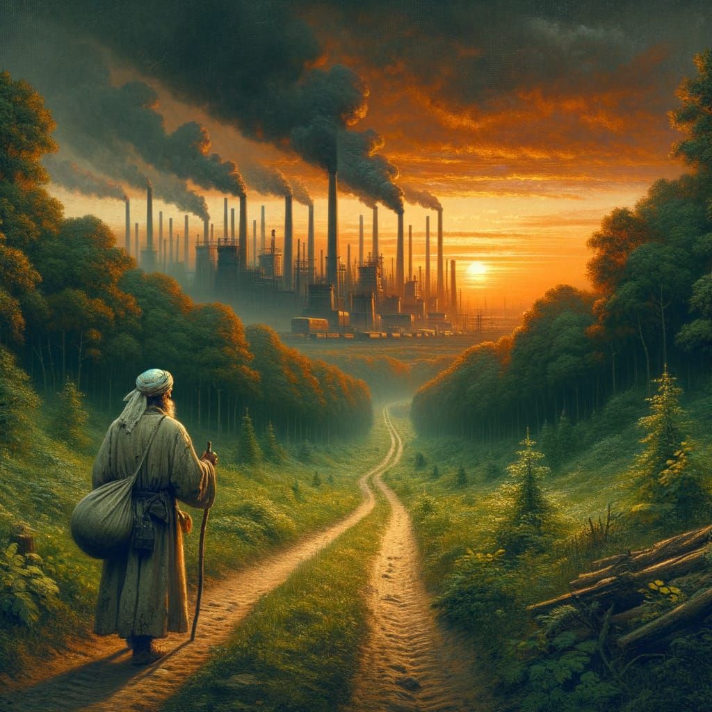 A Lone Vagabond Walks into Sunset Amidst Industrial Decay