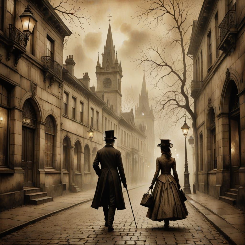 Vintage Sepia Street Scene with Victorian Silhouette
