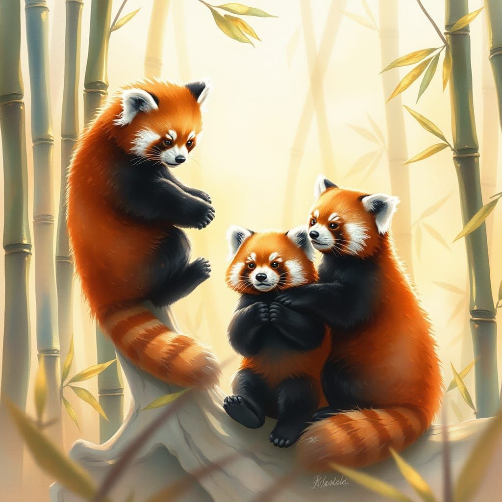 Red Pandas Frolic in Bamboo Forest: Watercolor Art