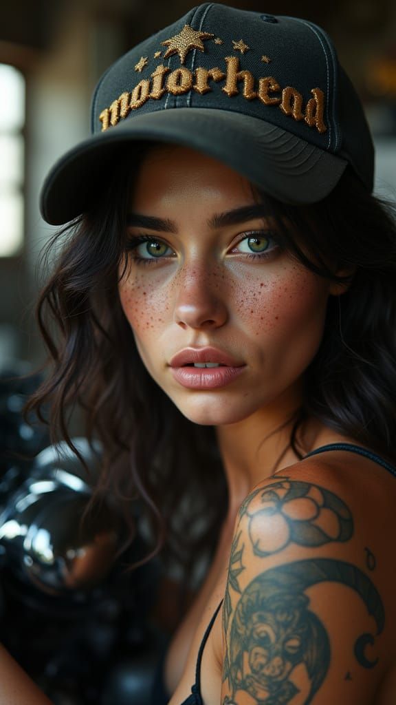Striking Woman With Motorcycle in Gritty Garage Portrait