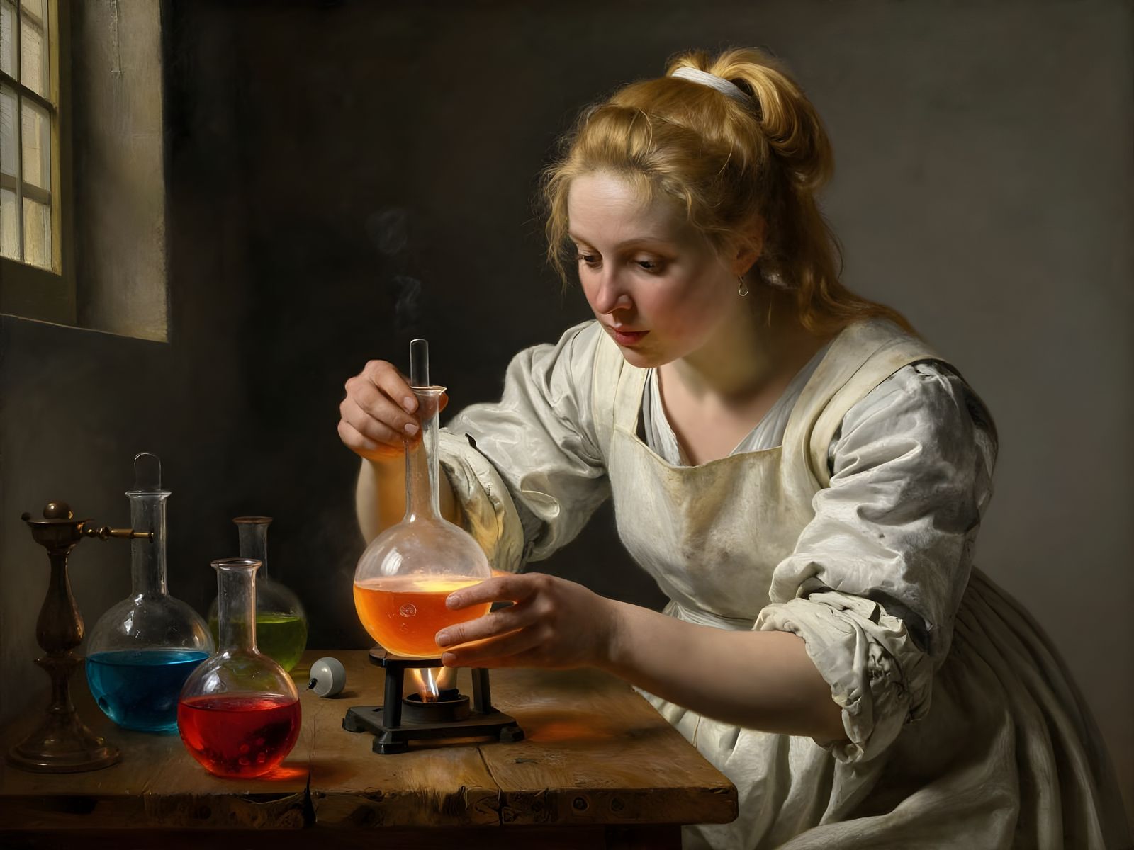 Female Alchemist at Workbench with Bubbling Beaker
