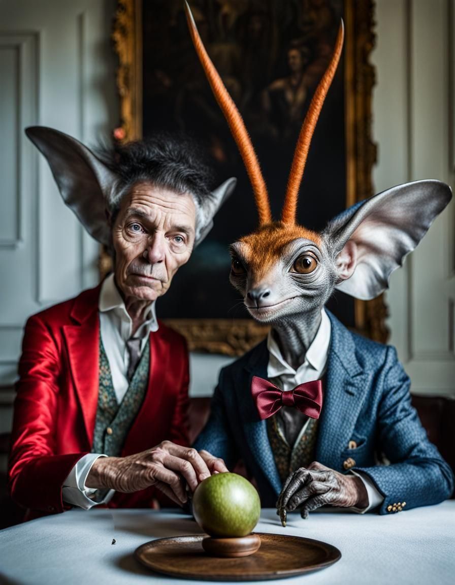 Surreal Restaurant Scene with Exotic Aliens