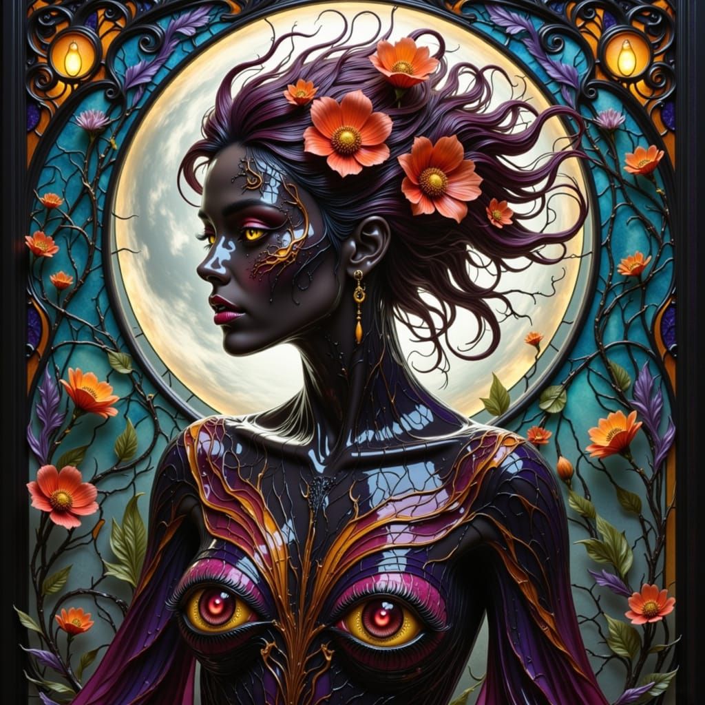 Mysterious Woman with Colorful Hair in Foggy Moonlight