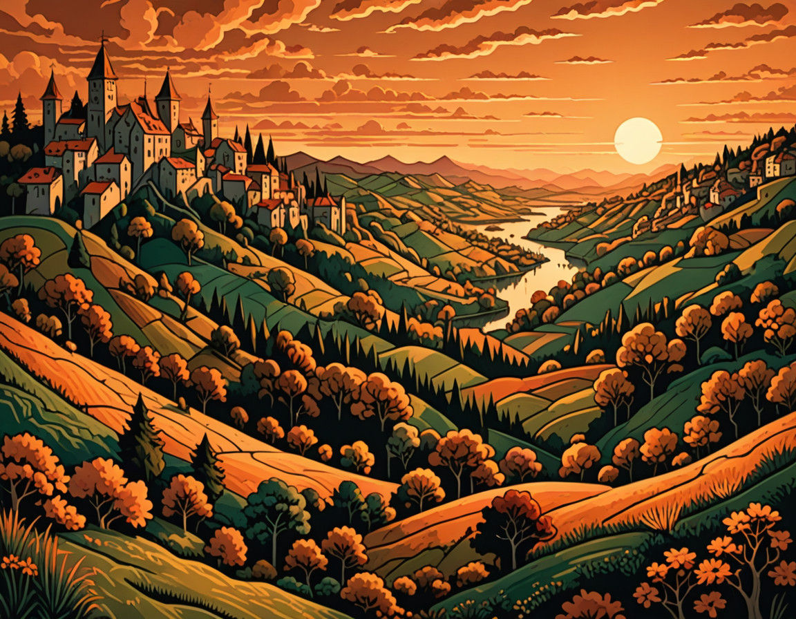Warm Sunset Landscape in Escher-Inspired Style
