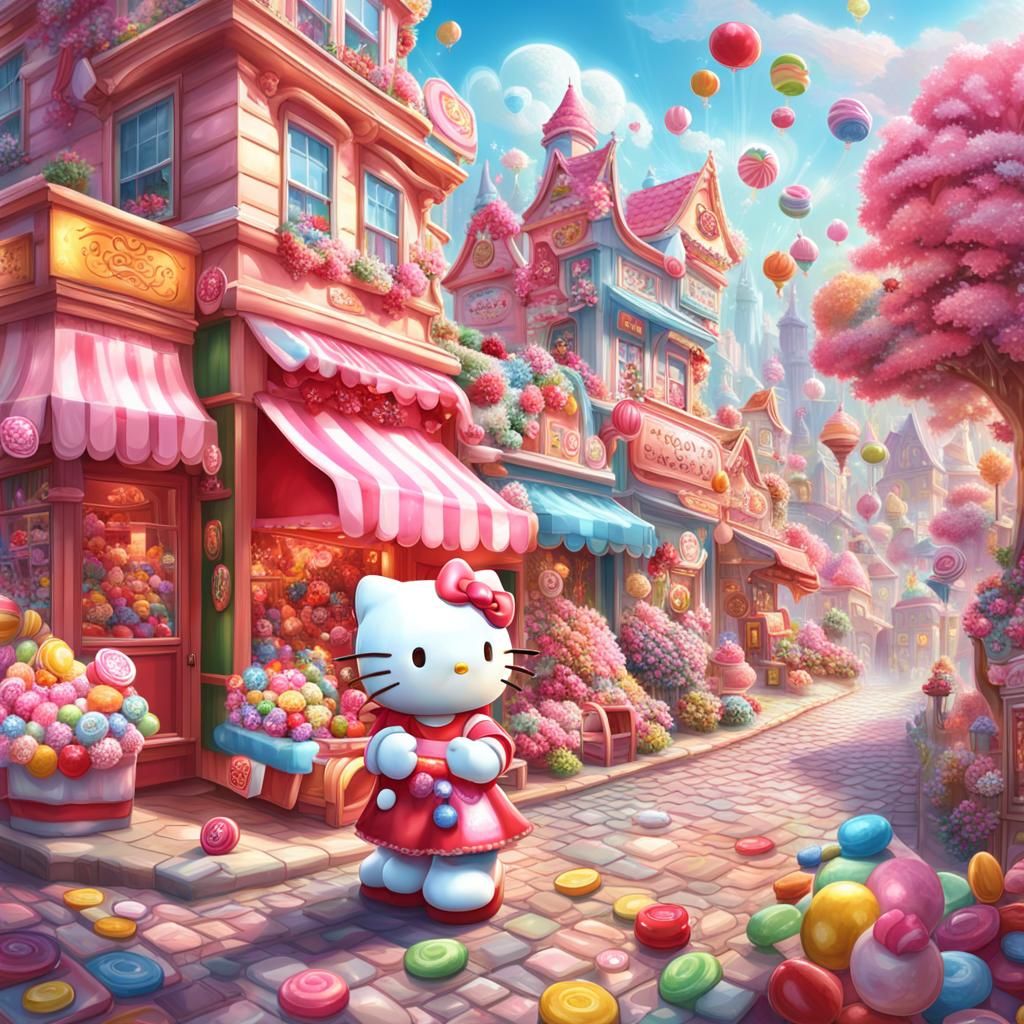 Hello Kitty in Whimsical Candy Land Illustration
