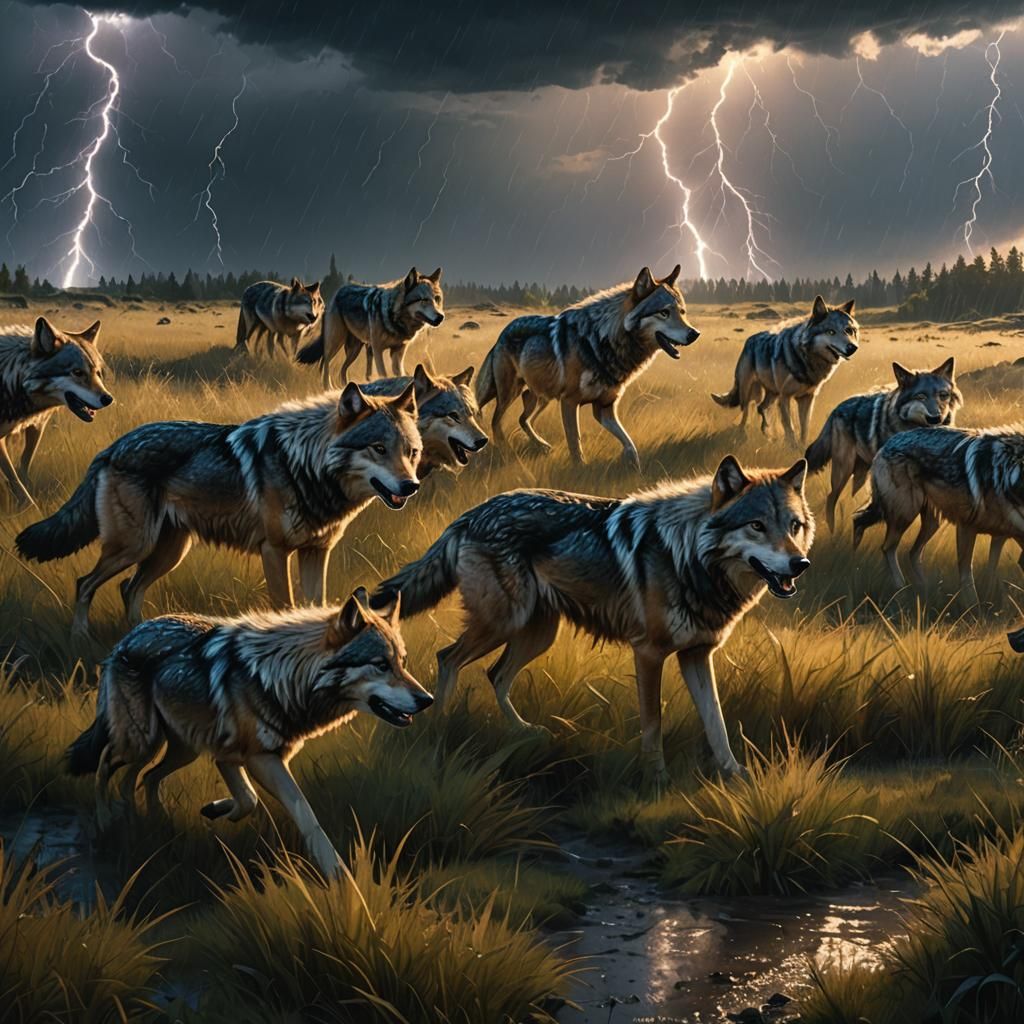 Wolves Run Through Stormy Grassland: Panoramic Digital Paint...