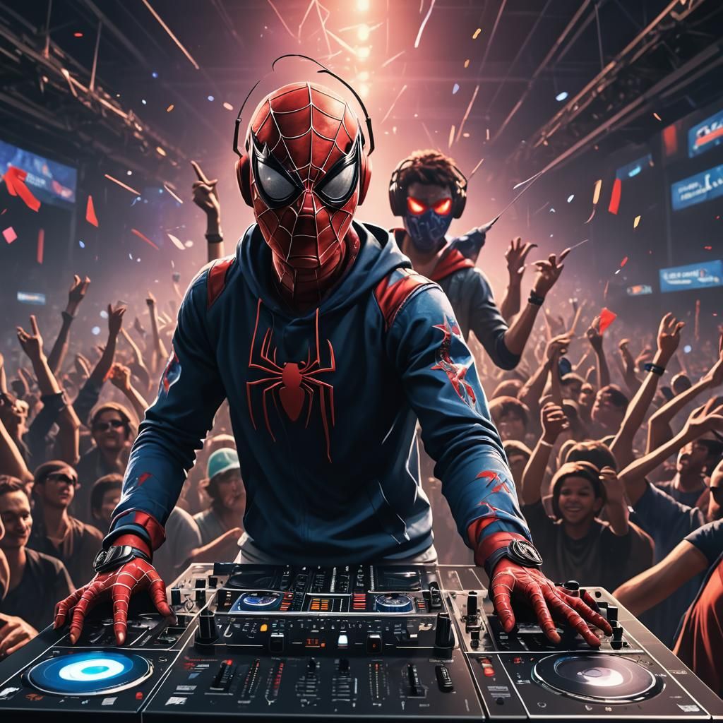 Spiderman Masked DJ at Concert, Digital Art