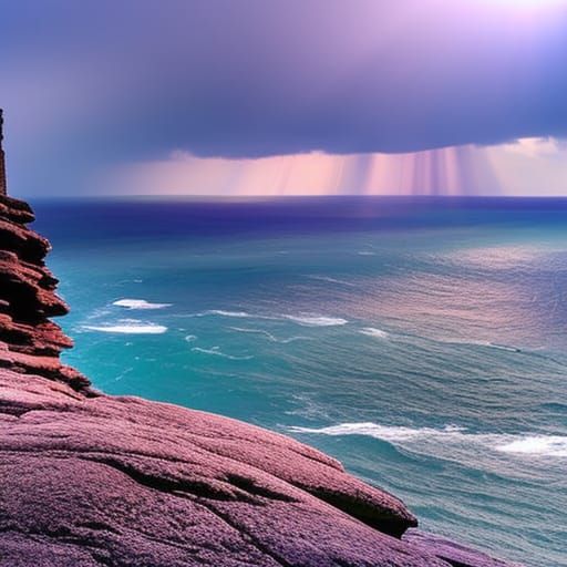 Purple Waves Crash on Rock Castle in Sunlight