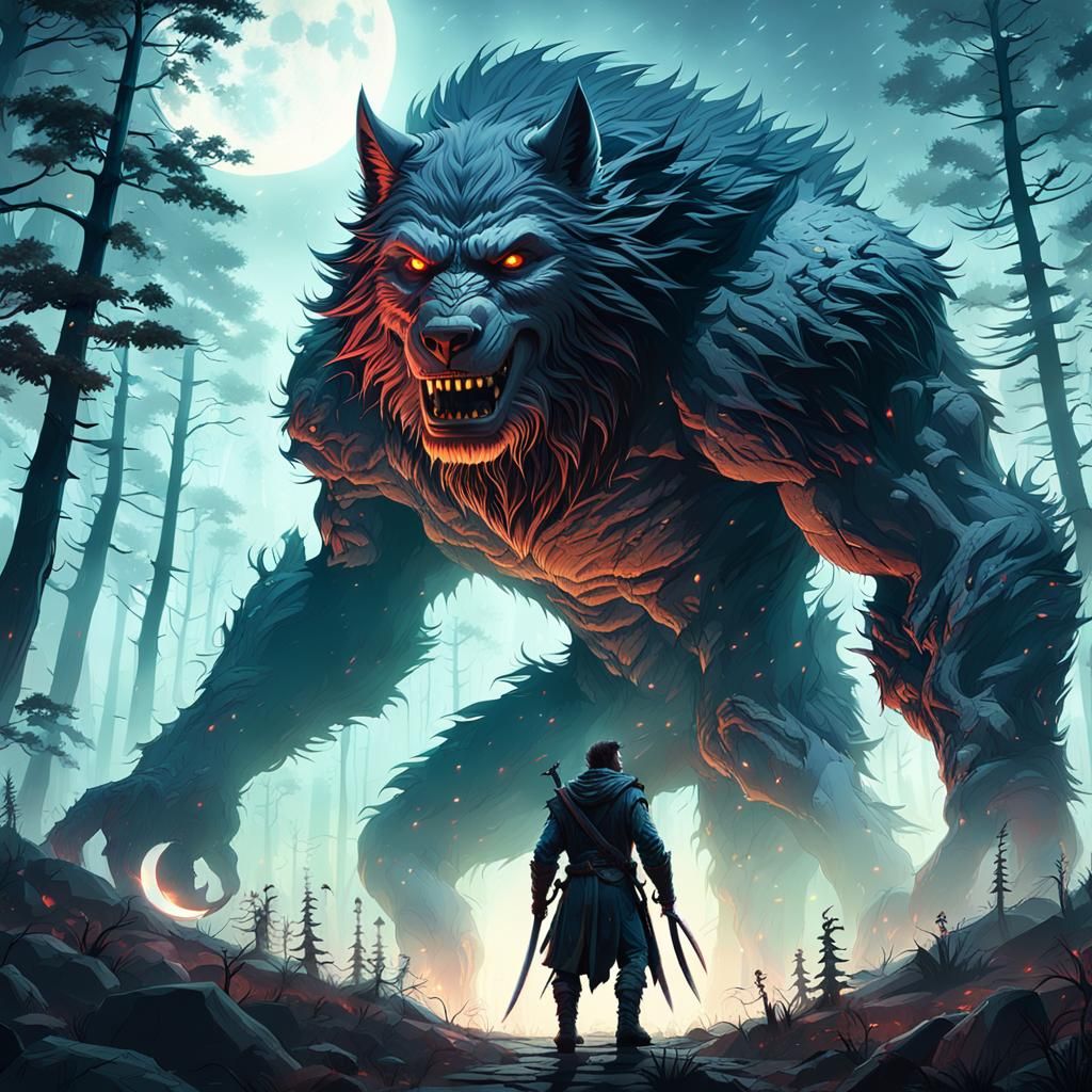 Werewolf Swordsman in Mystical Forest: Digital Matte Paintin...