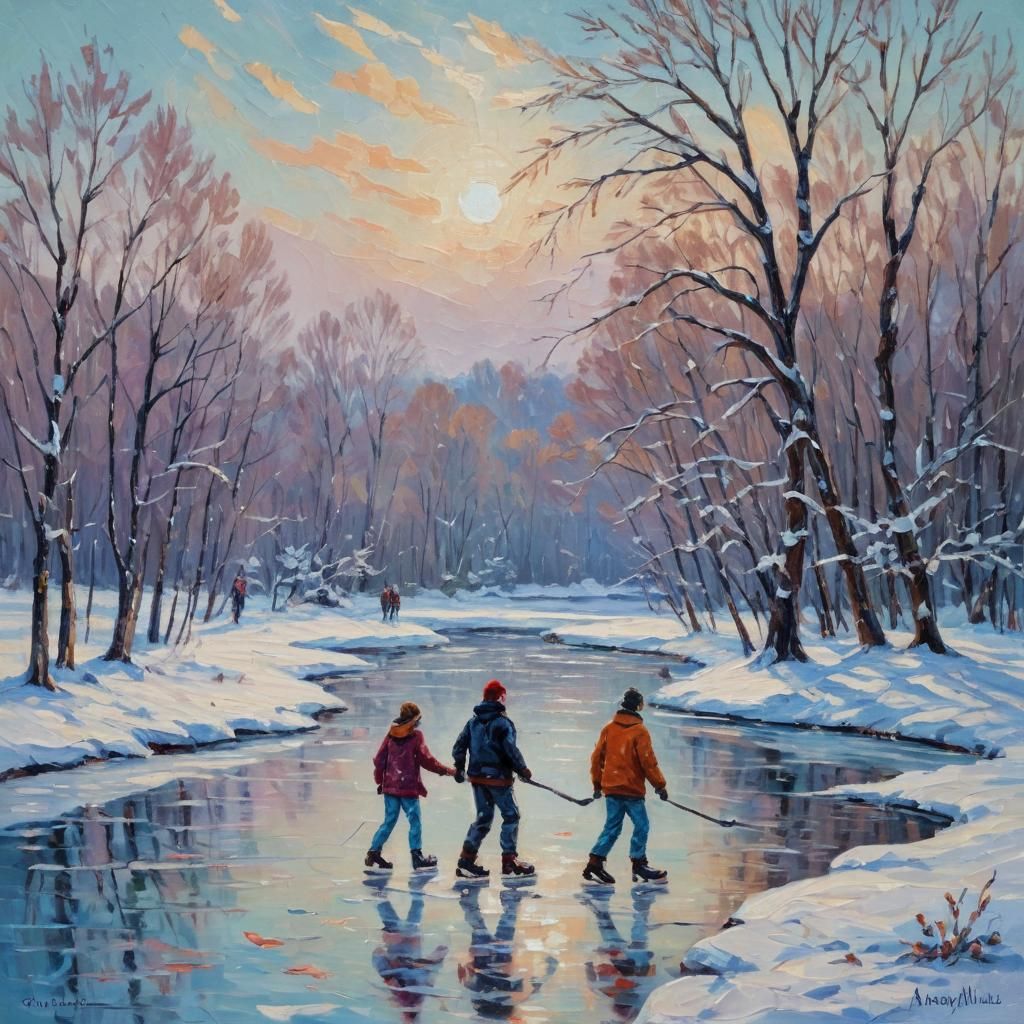 Magical Winter: Ice Skaters in Impasto Painting