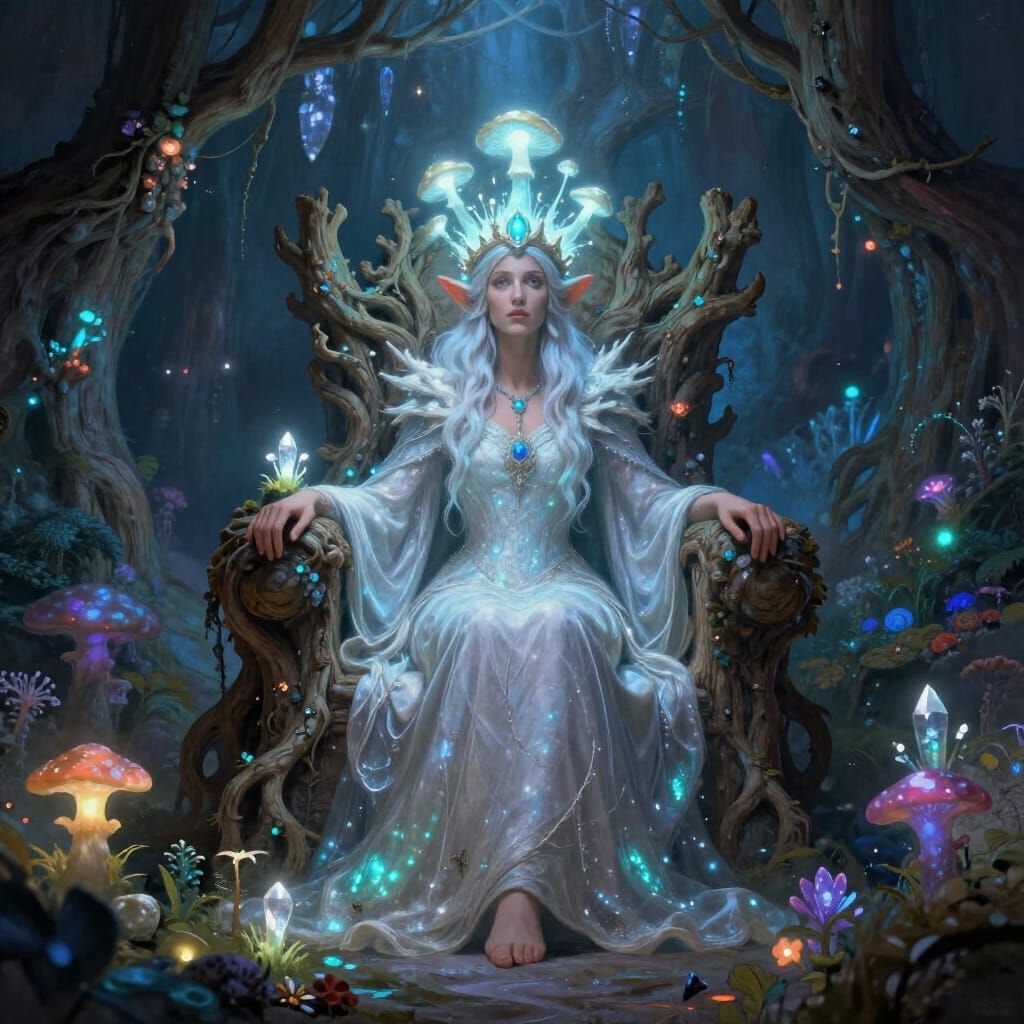 Gnome Queen on Root Throne in Enchanted Cavern