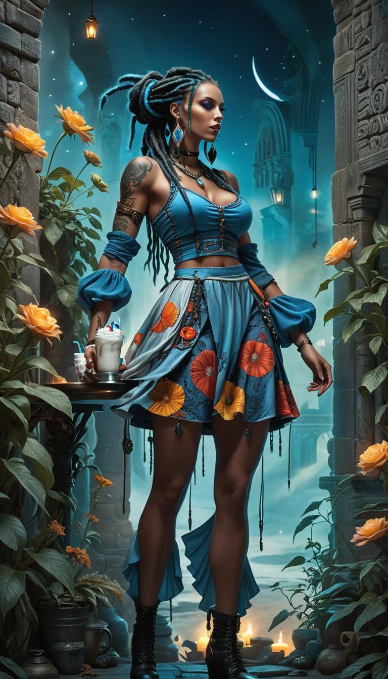 Gothic Fantasy Woman Serving Milkshakes in Mystic Cafe