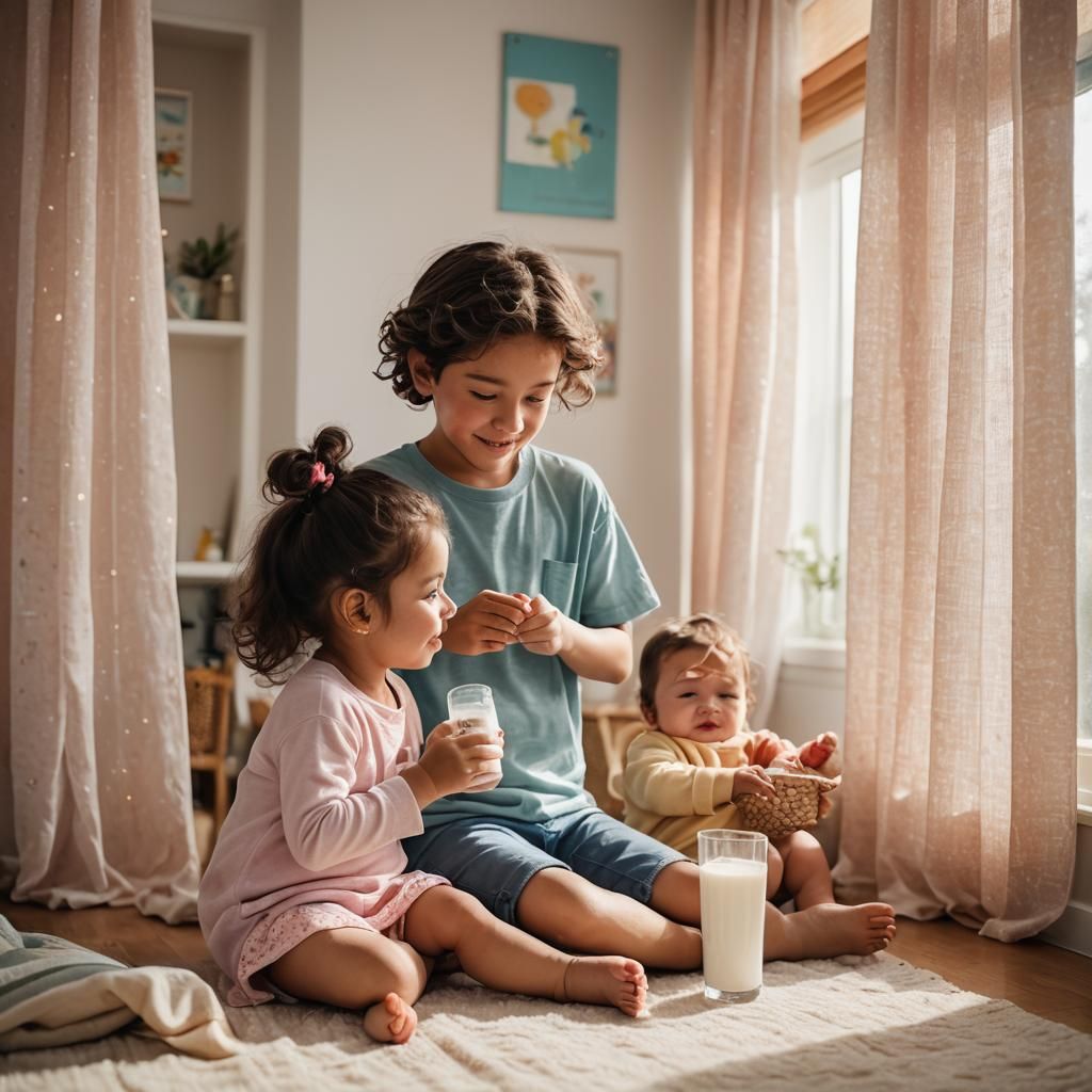 Happy Children Enjoying Milk in Cozy Home