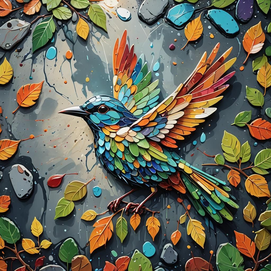 Surreal Graffiti Art: Stone and Leaf Bird