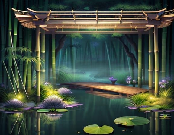 Serene Zen Garden with Bamboo and Waterlilies