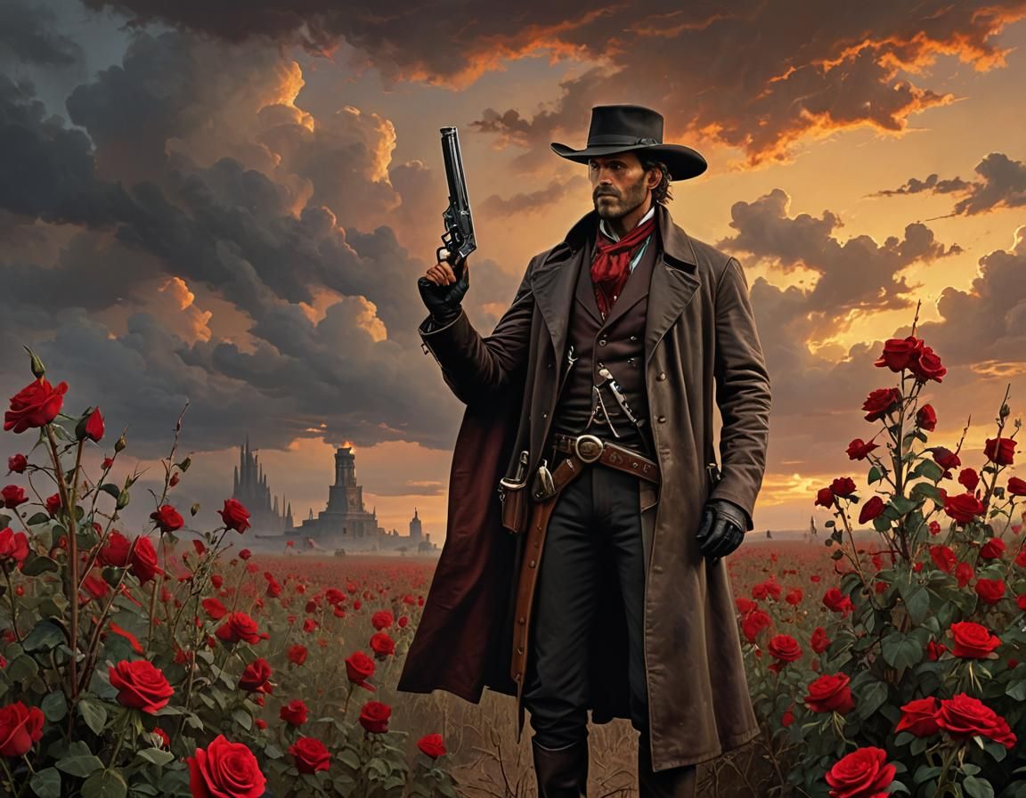 Gunslinger in Rose Field with Dark Tower: Matte Painting