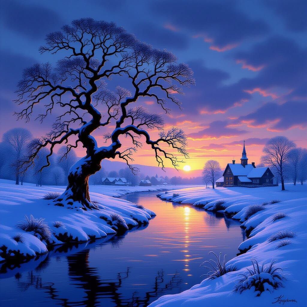 Ancient Oak Tree Against Twilight Sky in Romantic Landscape ...