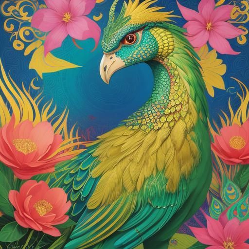 Dragon Peacock Woman in Abstract Naive Art