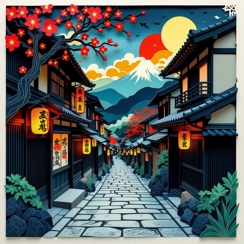Kyoto Alley: Kirigami Gods in Ukiyo-e Style