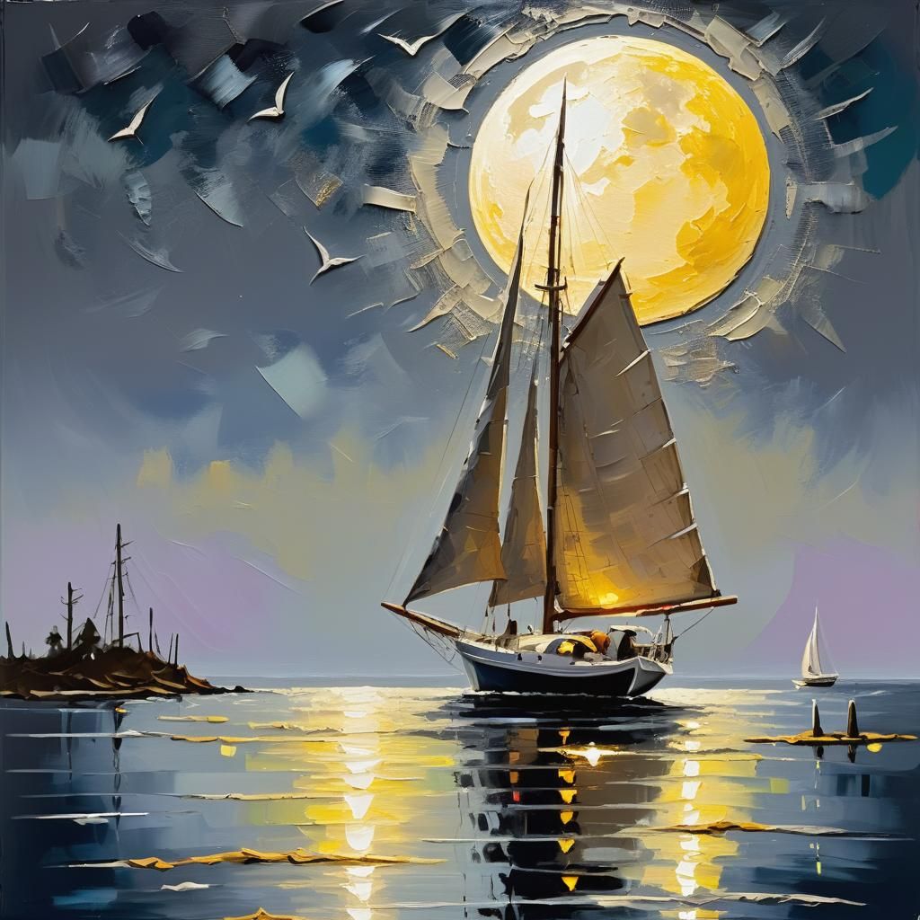 Sailboat Under Moonlight in Impressionist Style