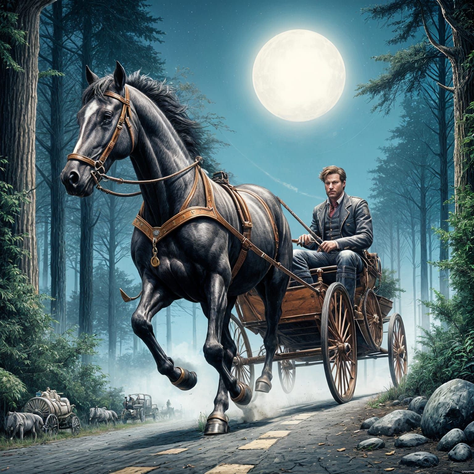 Vintage Horseless Carriage Ride Under Moonlit Trees