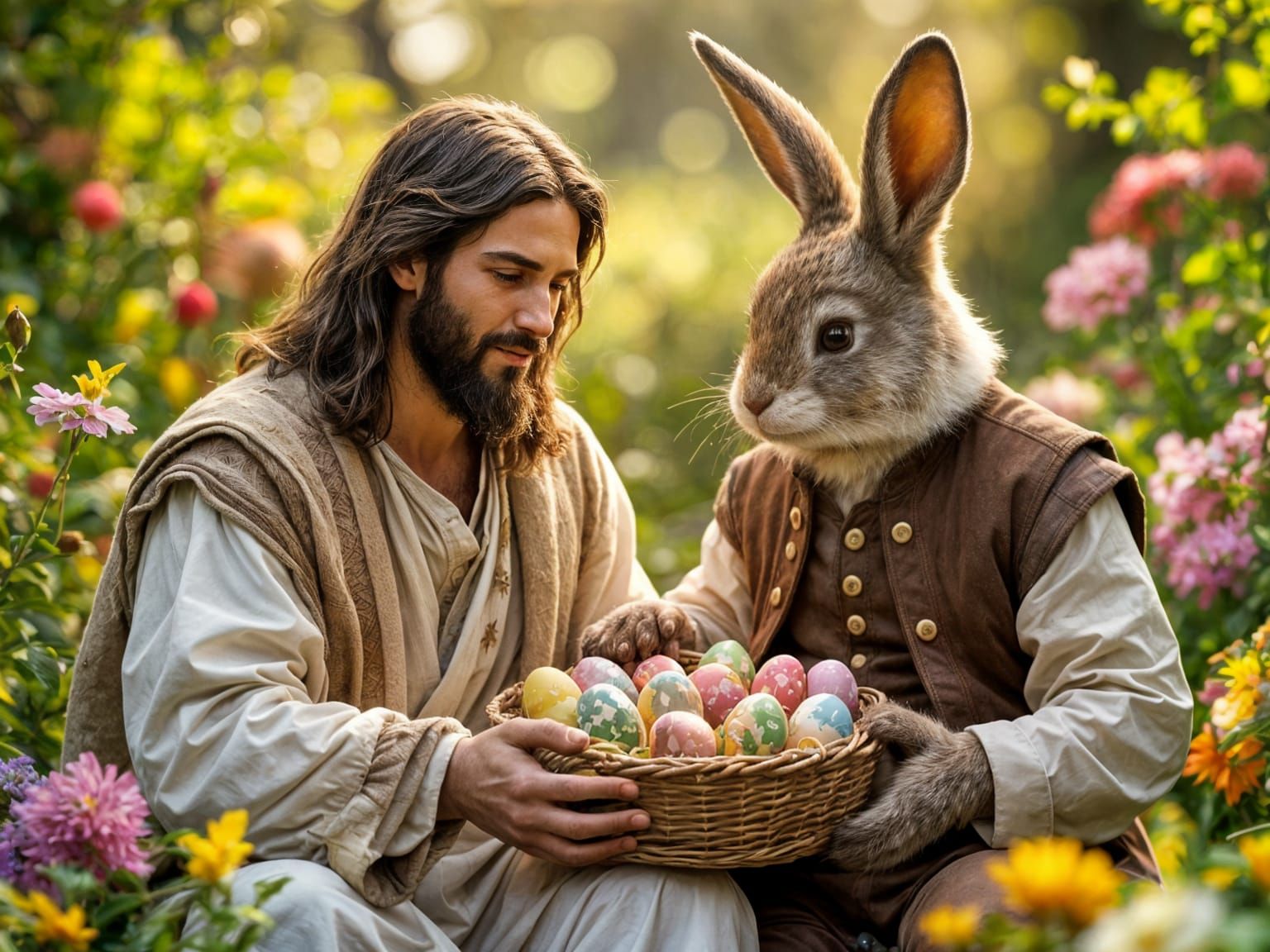 Jesus and the Easter Bunny Share Chocolate Eggs in a Lush Ga...