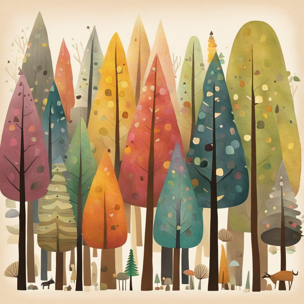 Rainbow Forest Trees in Naive Style