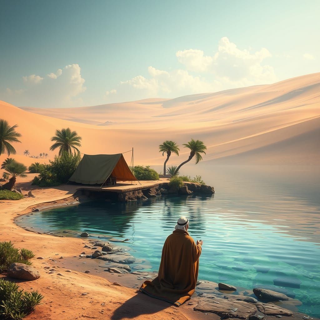 A Serene Arabian Oasis with Traditional Tent and Lush Vegeta...