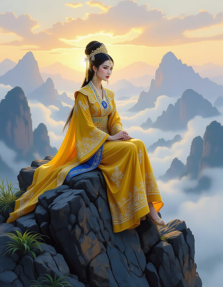 Hmong Lady Surveys Mist-Shrouded Kingdom in Fantasy Art Styl...