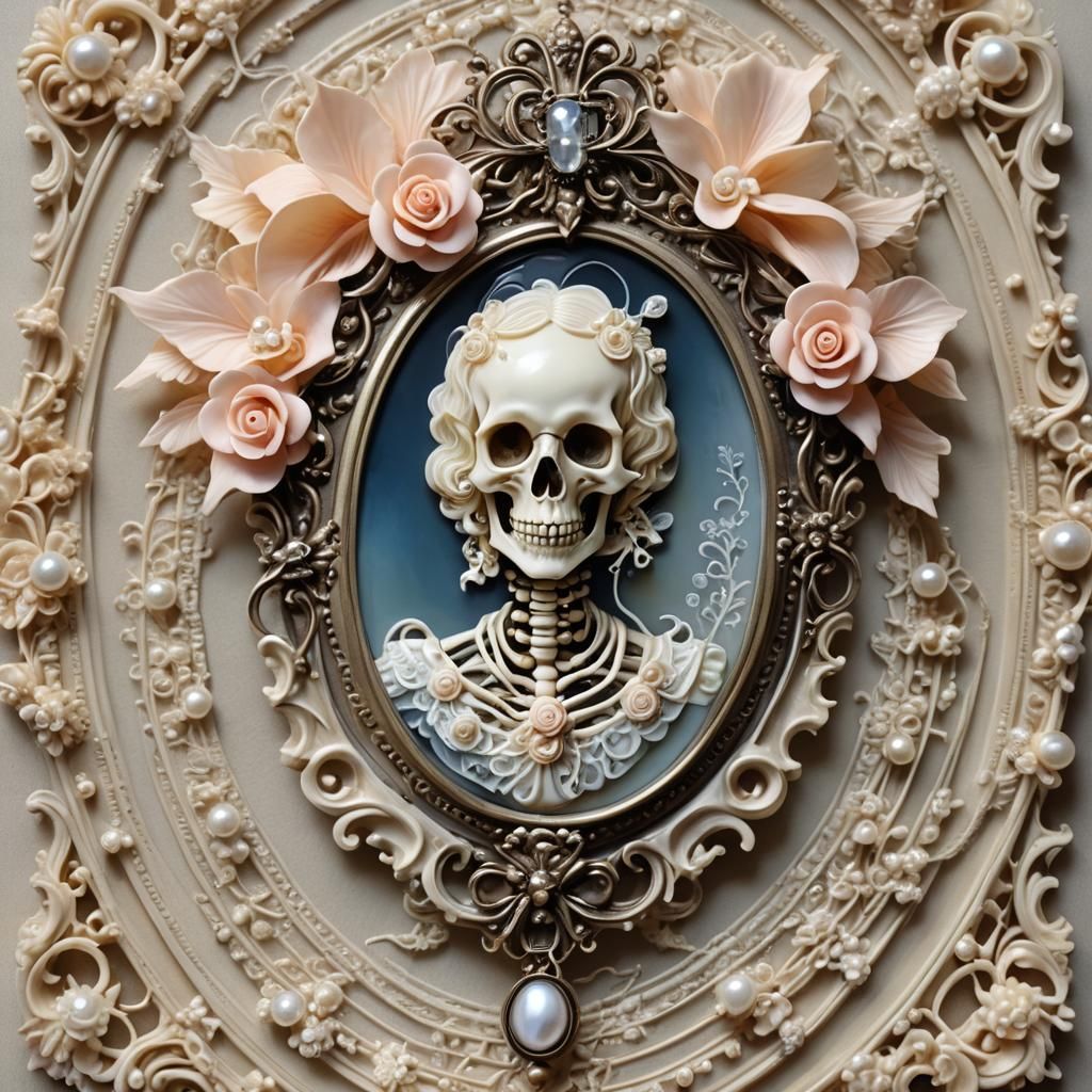 Rococo Cameo Skeleton Brooch in Oil Painting Style