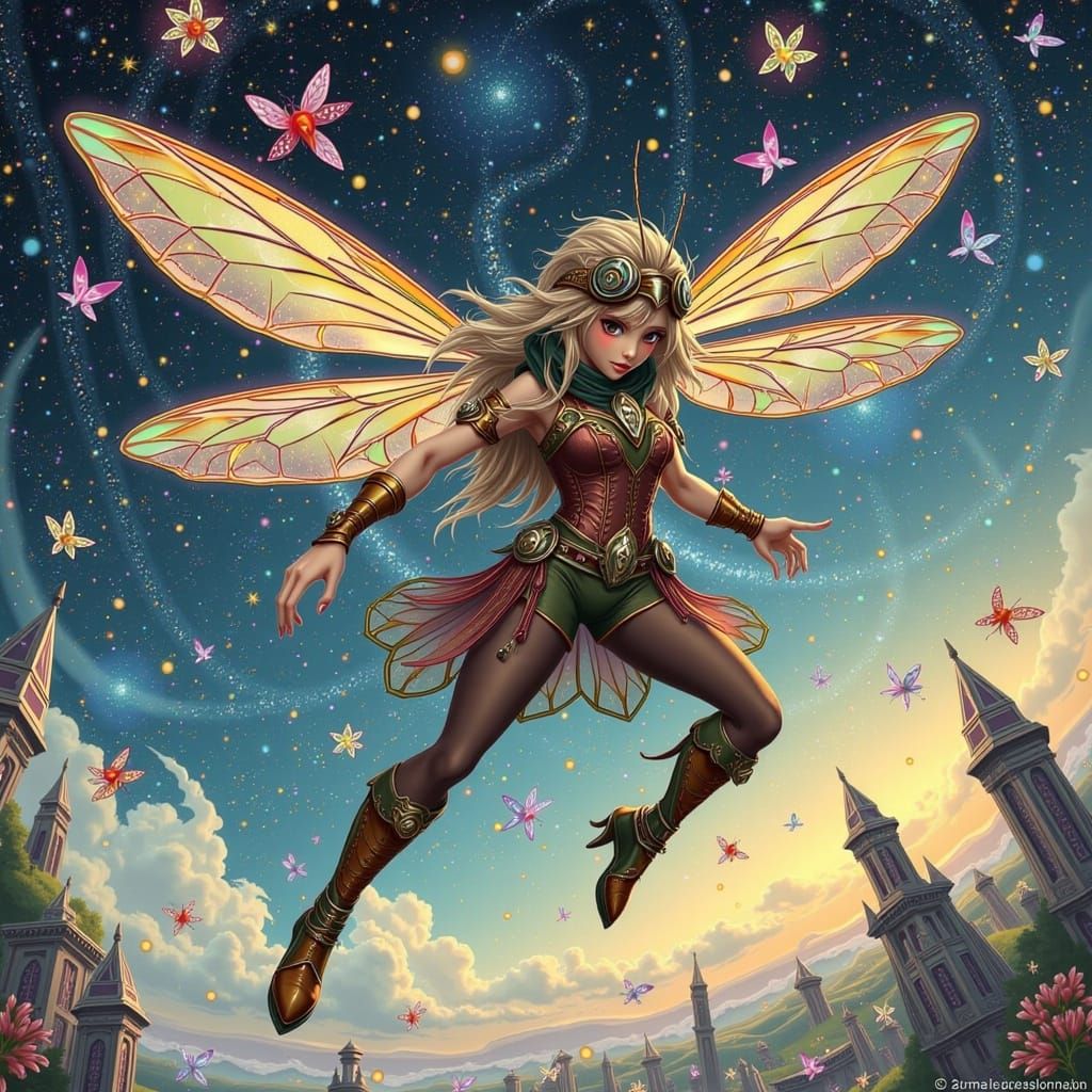 Steampunk Dragonfly Soaring Through a Starry Cosmos