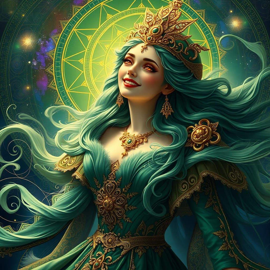 Celestial Goddess Radiates Prosperity in Lavish Baroque Gown