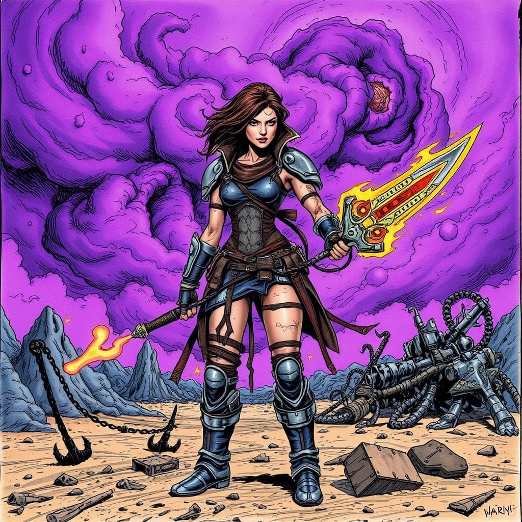 Defiant Warrior on Alien Battlefield in Comic Style