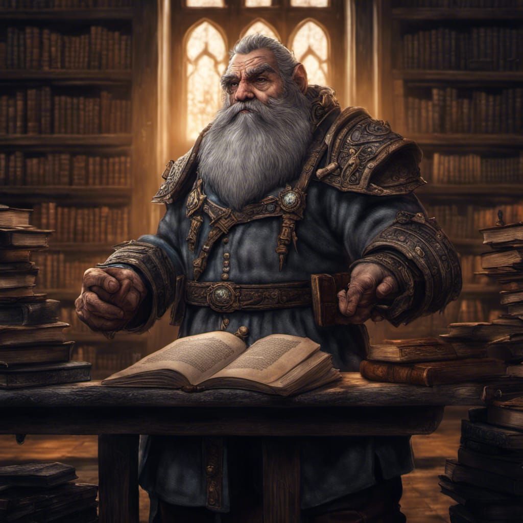 Dwarf Cleric: Twilight Librarian in Hyperrealistic Style
