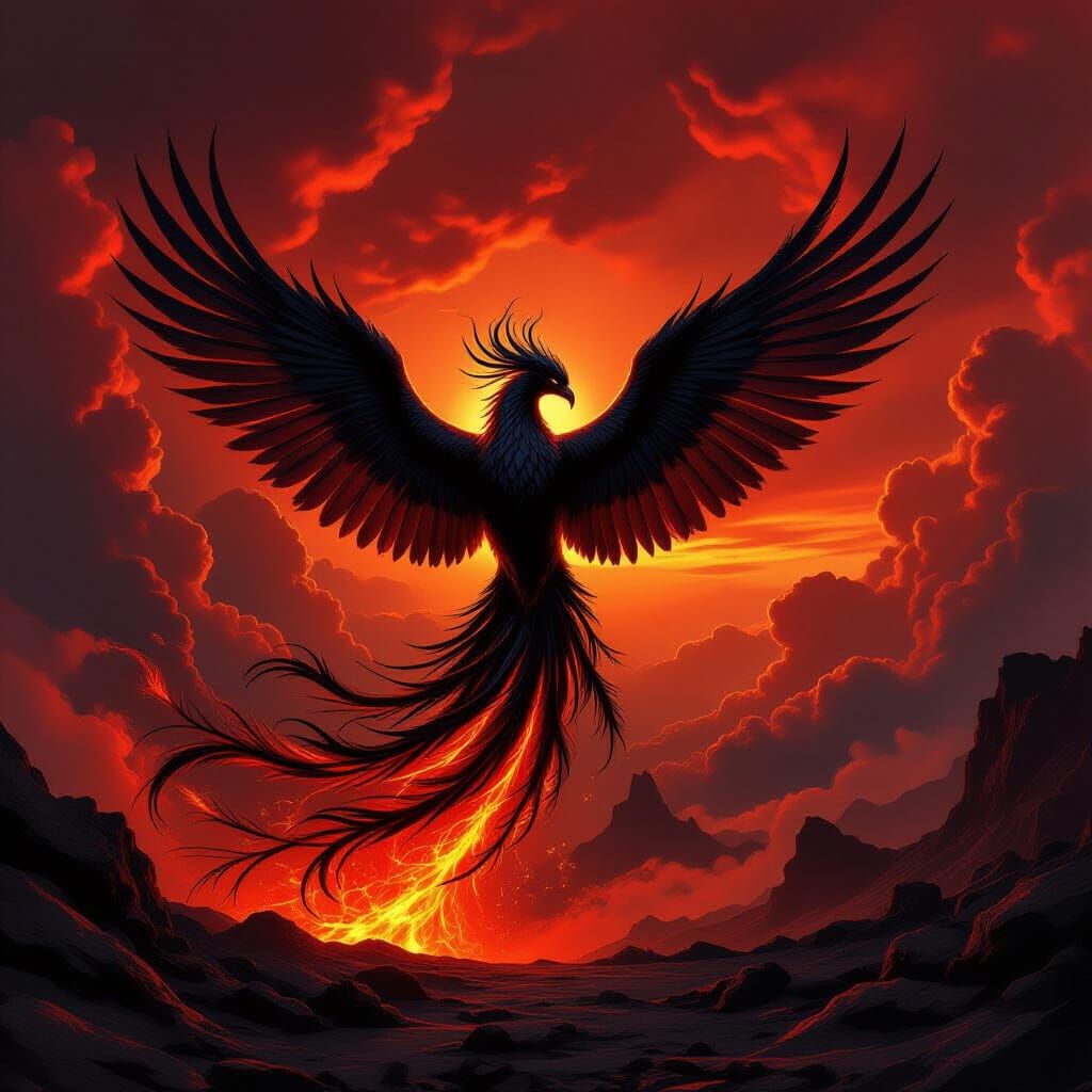Phoenix Rises From Volcano in Dark Fantasy Art