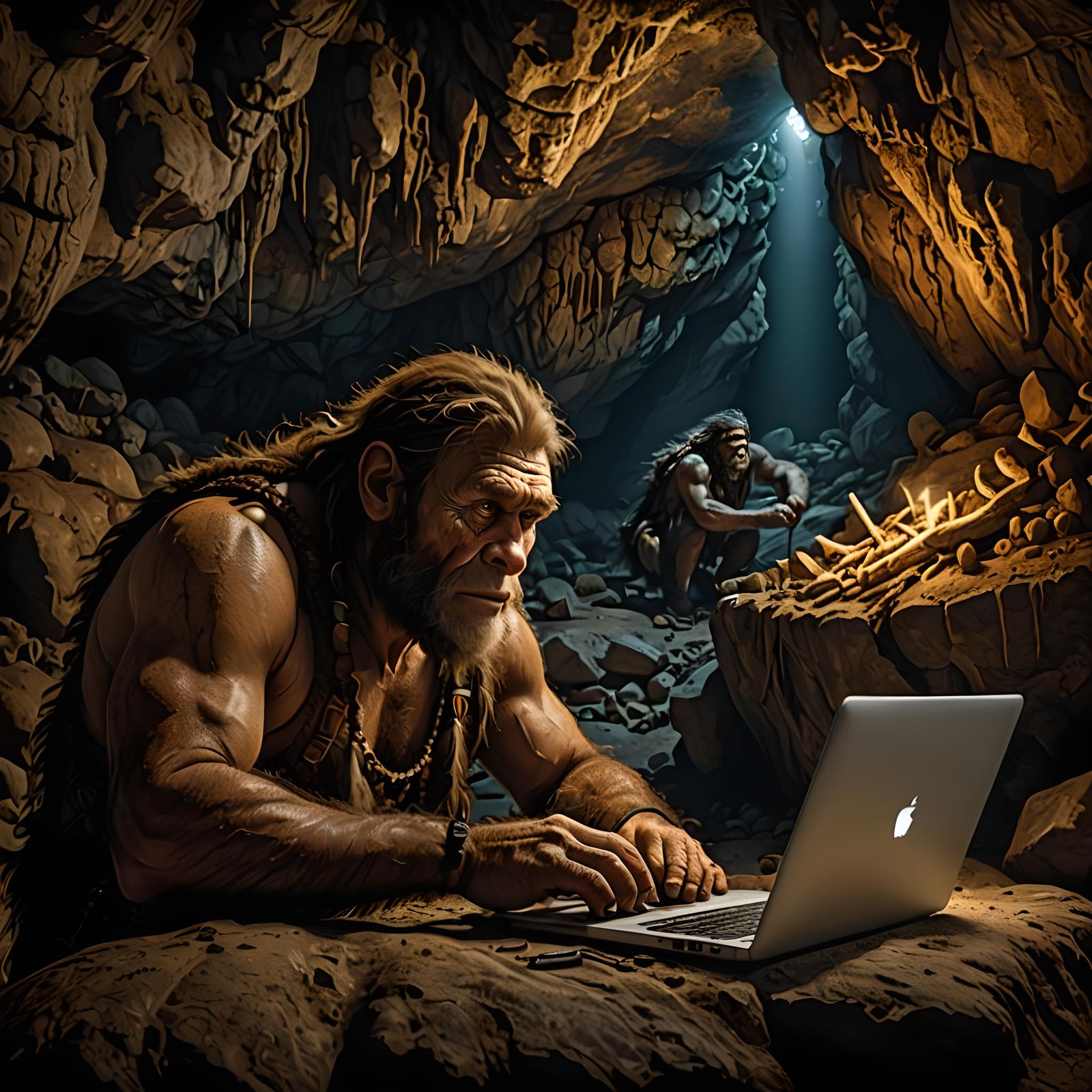 A Neanderthal Man working with a Laptop