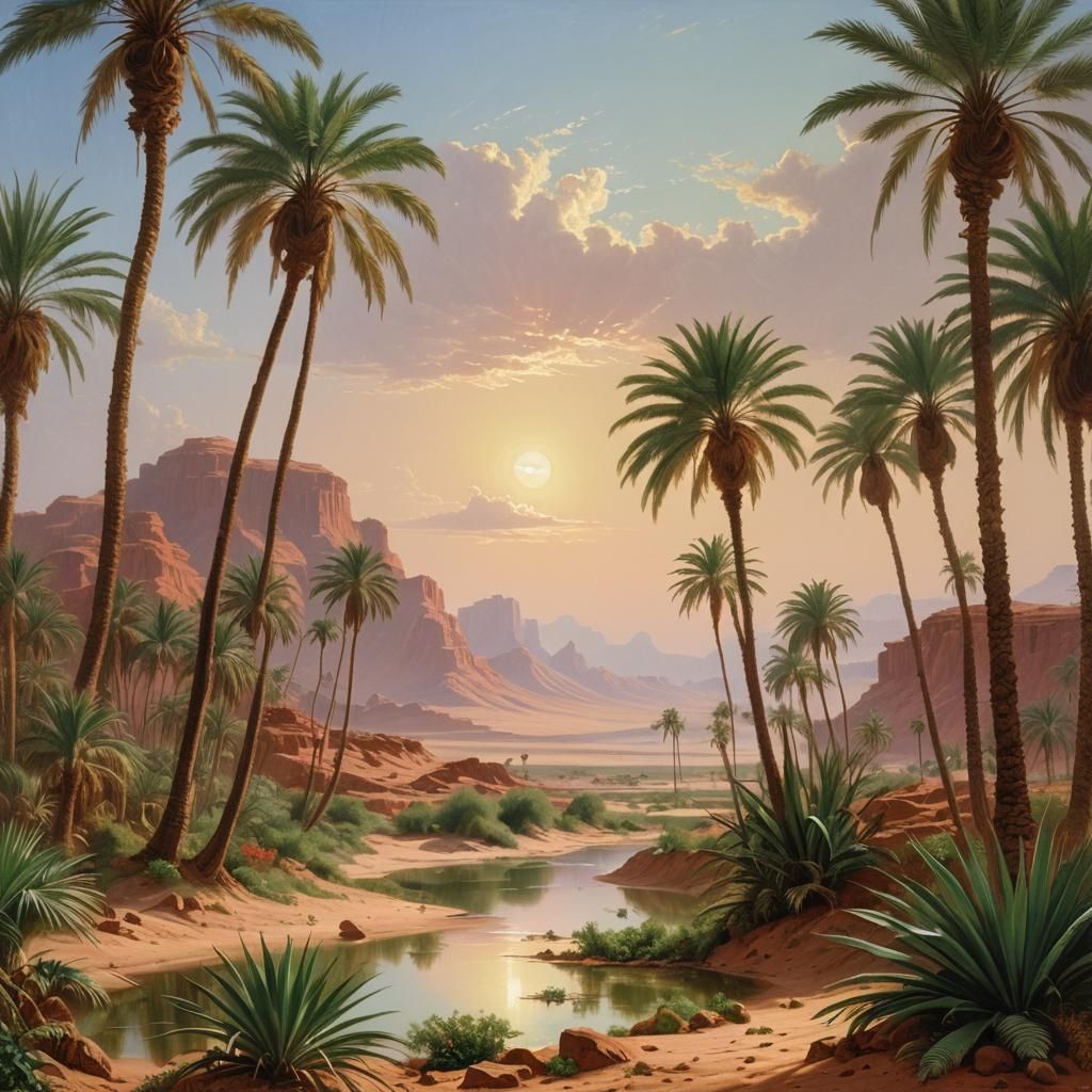 Sahara Desert Oasis Inspired by Historical Landscape Art