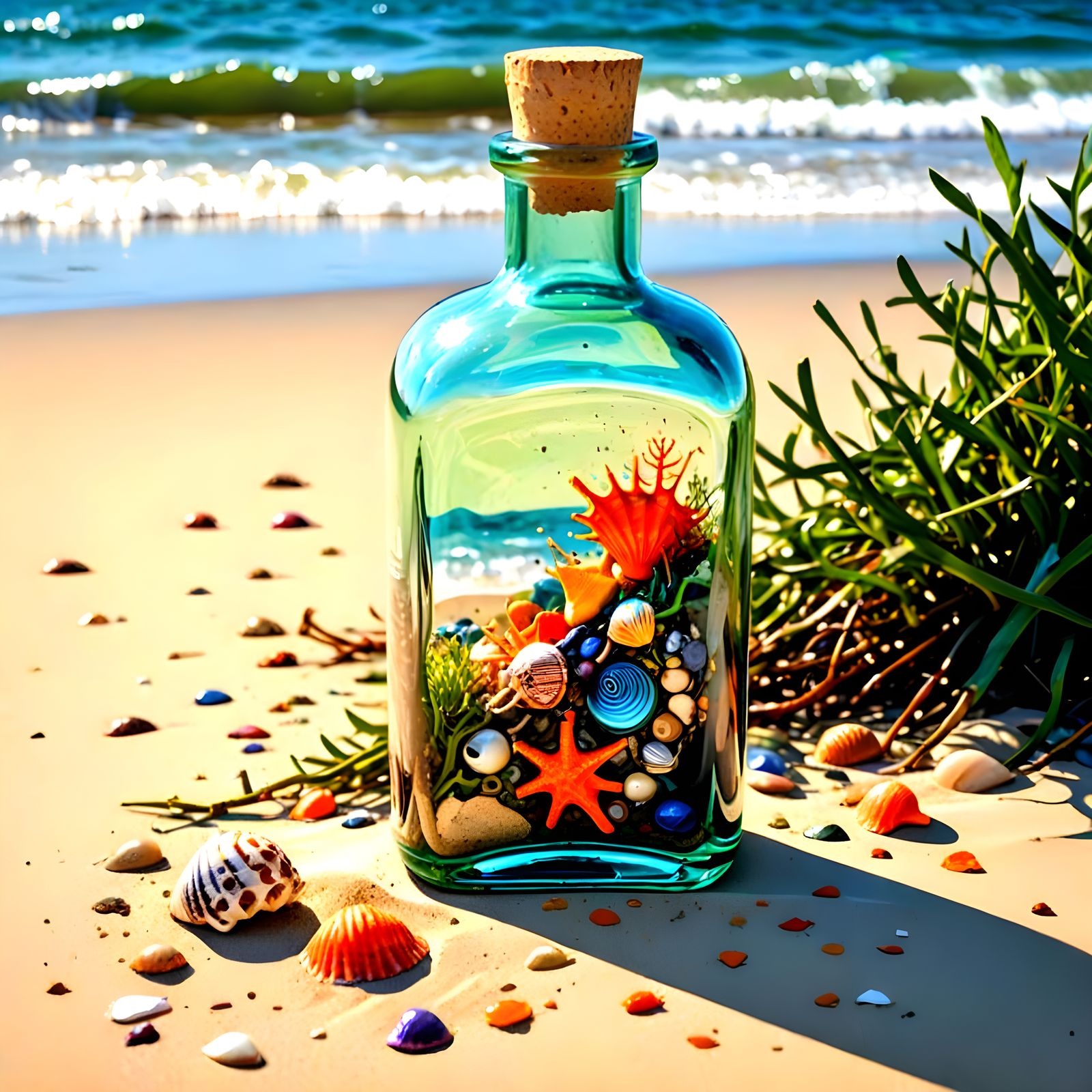 Message in a Bottle on Sandy Beach with Island