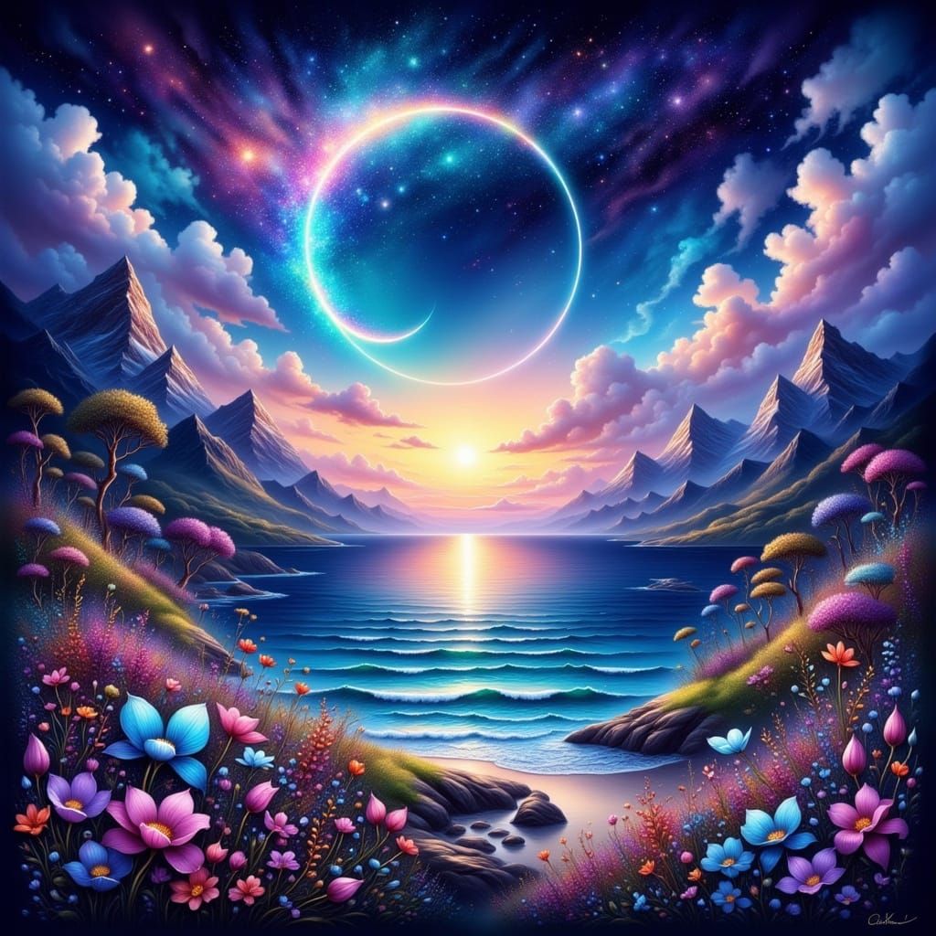 Dreamy Night Sky with Luminous Crescent Moon and Sparkling S...