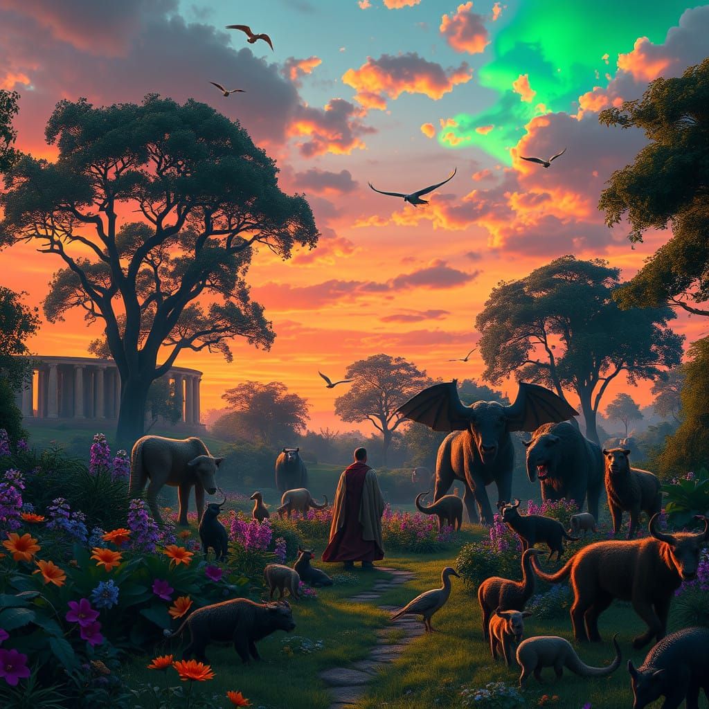 Vibrant Garden of Eden Dusk Scene with Regal Figure and Maje...